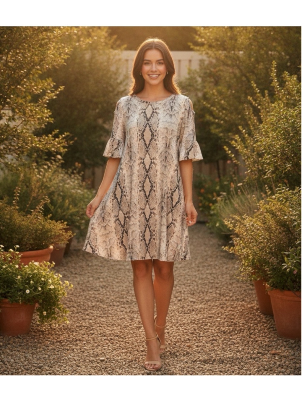 Beeson River Snakeskin Print Swing Dress Women’s Size XL Beige Black Snake Print